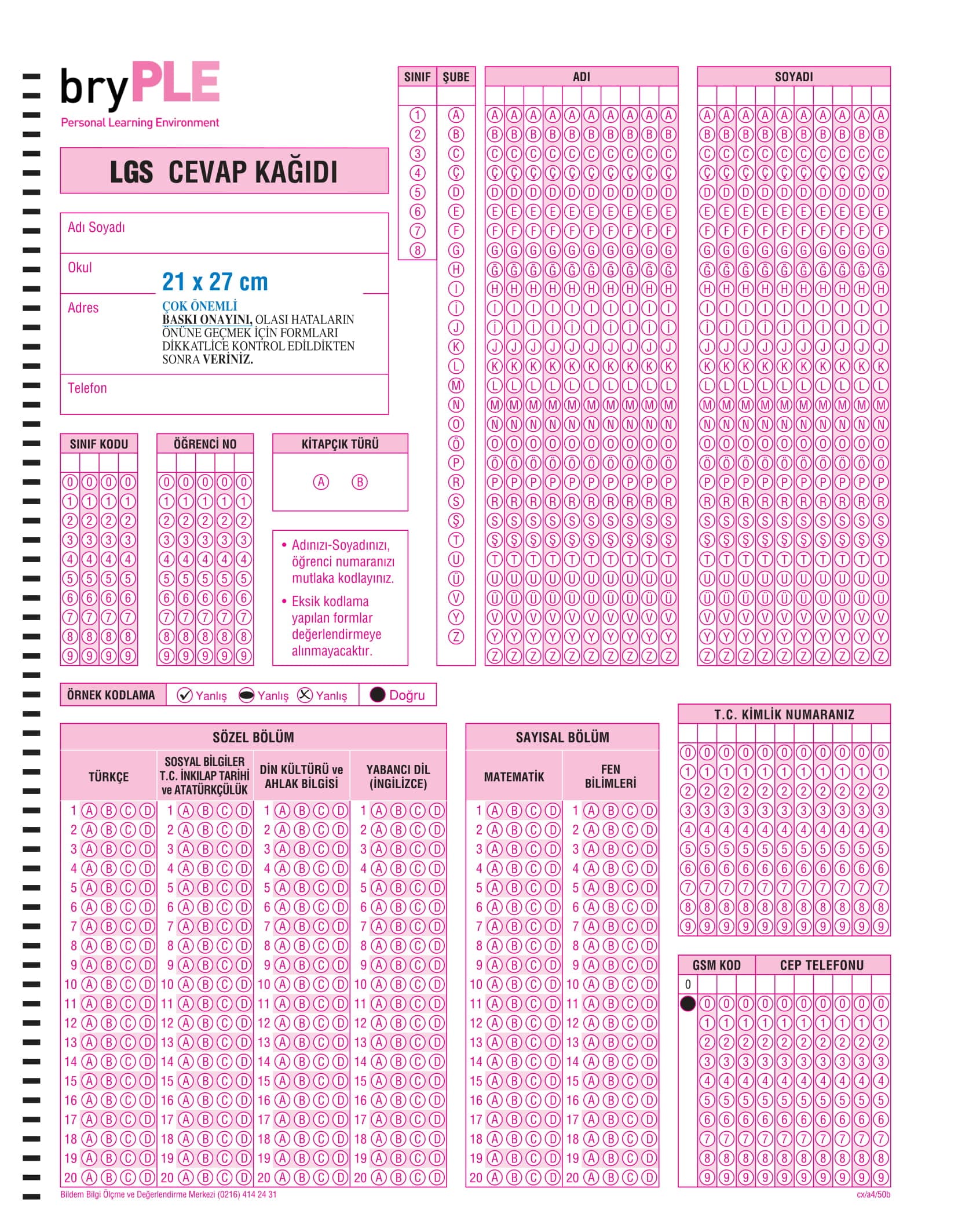 PLE LGS Cevap Kağıdı önizlemesi